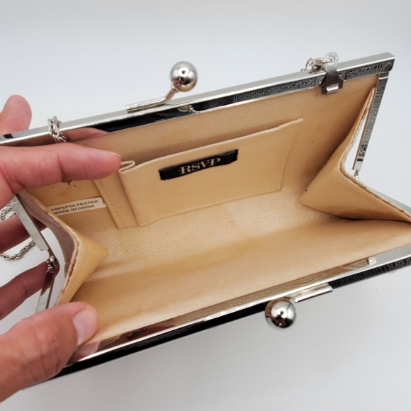 Elegant Beaded Faux Pearl Evening Clutch With Detactable Silver Chain Strap - Picture 8 of 8